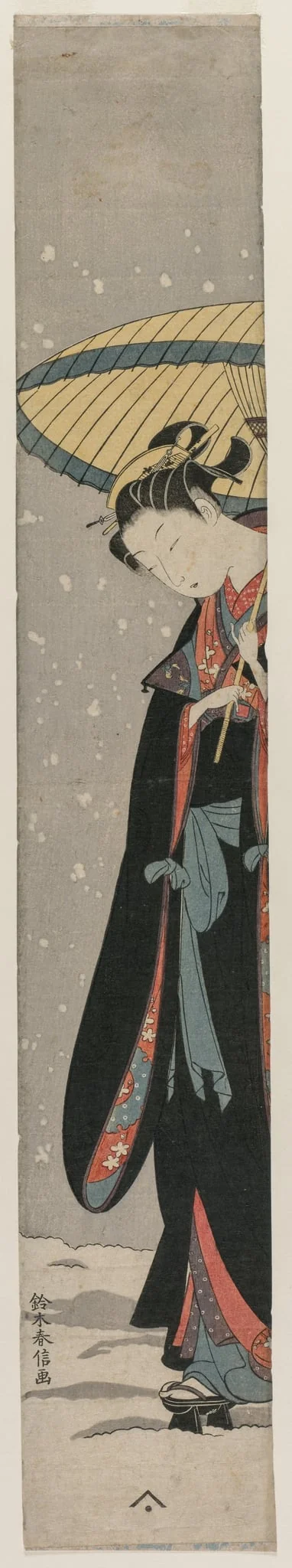 Young Woman Walking in Snow with Umbrella, by Suzuki Harunobu, 1890