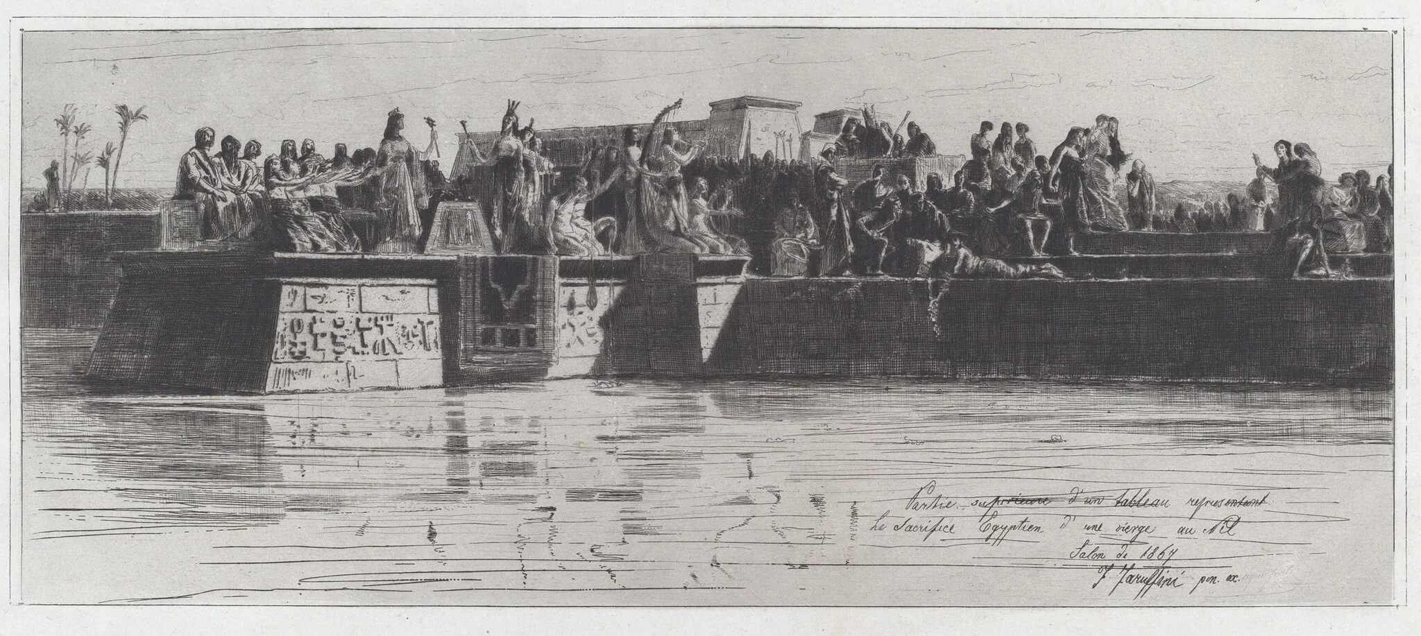 Partie supérieure d’un tableau représentant le sacrifice Egyptien d’une vierge au Nil [The Upper Part of a Painting Representing the Egyptian Sacrifice of a Virgin to the Nile], by Federico Faruffini, ink, 1867