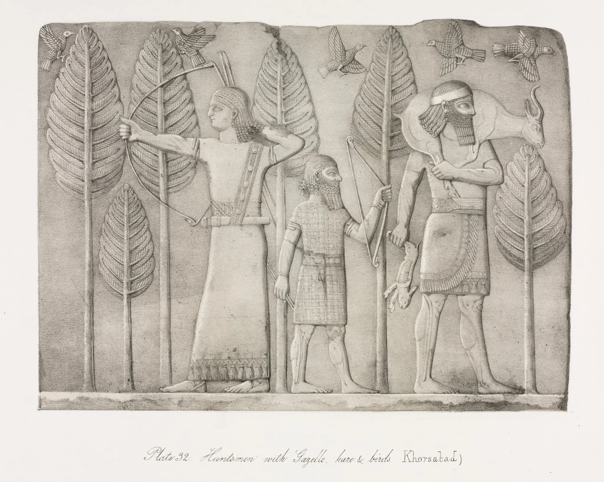 Monuments of Ninevah: Plate 32, Huntsmen with Gazelle, Hare and Birds (Khorsabad)