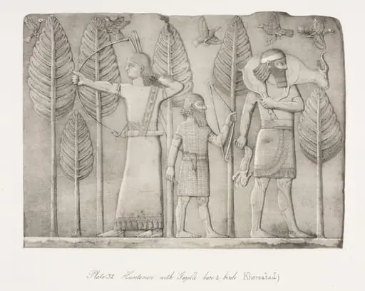 Monuments of Ninevah: Plate 32, Huntsmen with Gazelle, Hare and Birds (Khorsabad)