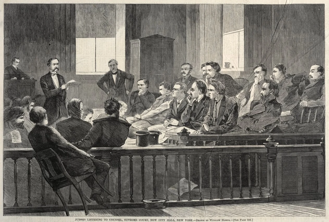 Jurors Listening to Counsel, Supreme Court, New City Hall, New York, by Winslow Homer, 1869