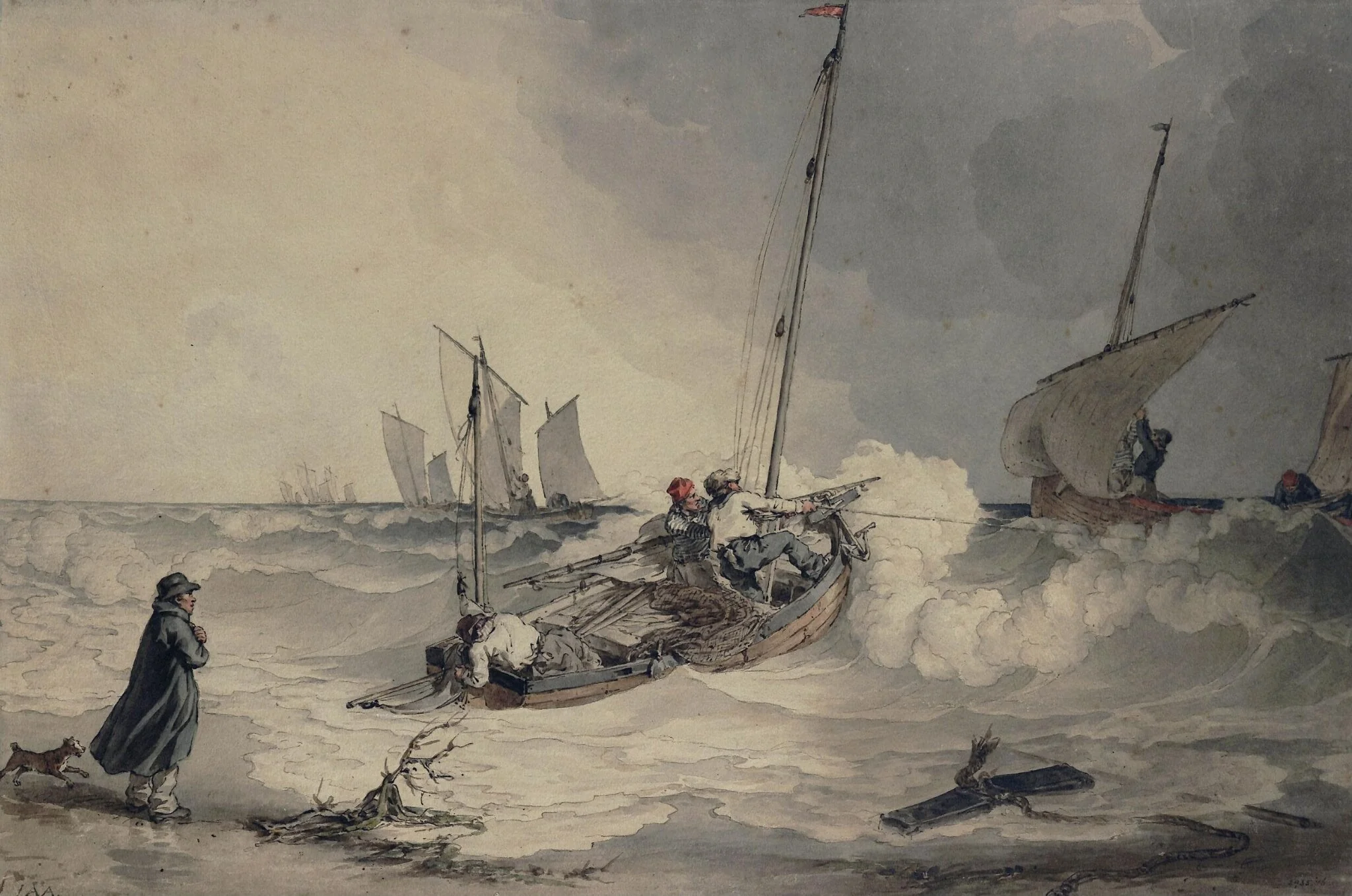 Fishing boats going out, by John Augustus Atkinson, watercolor, 1800