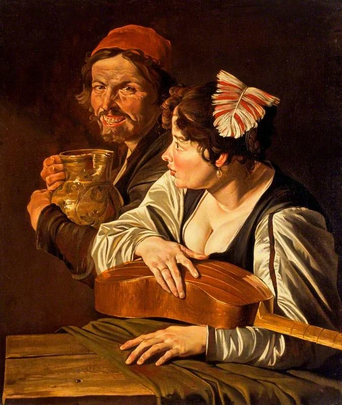 A Man with a Jug and Girl with a Viol, by Unknown, oil, 1635