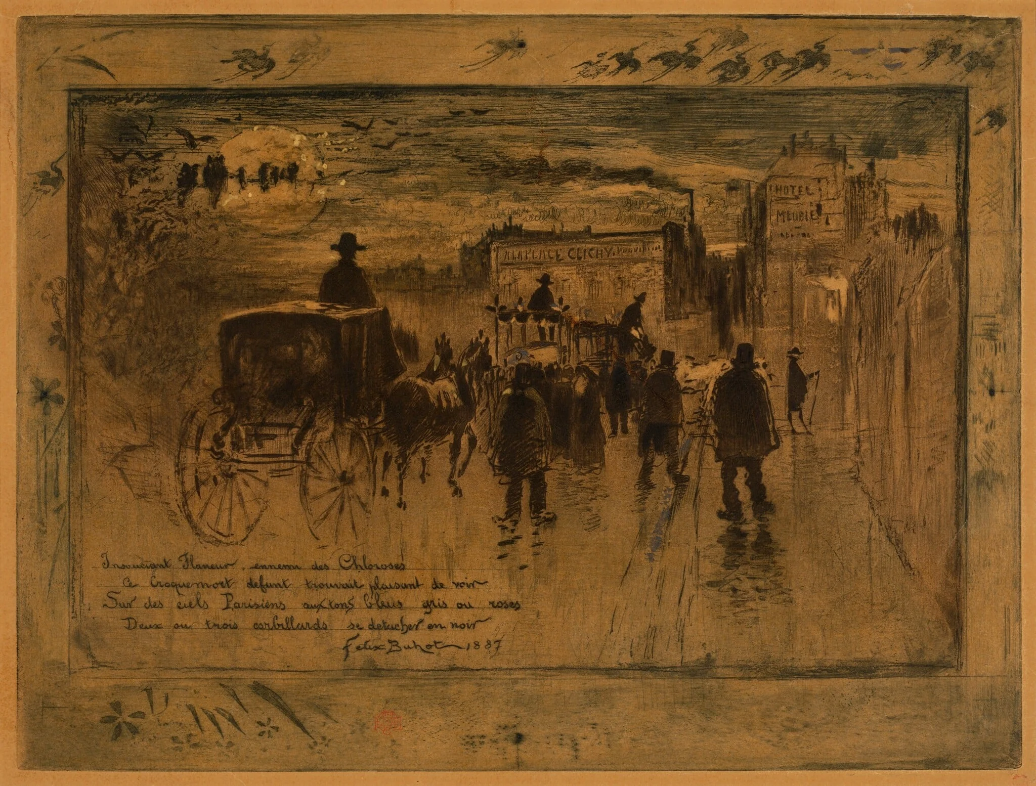 Convoi Funèbre au Boulevard de Clichy (Funeral Procession on the Boulevard de Clichy), by Félix-Hilaire Buhot, watercolor, 1887