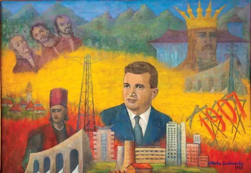 Tablou, ulei pe pânză, „Nicolae Ceaușescu și scene din istoria poporului”, semnat Natalia Gadonschi și datat 1972 în partea dreaptă jos. Nicolae Ceaușescu este reprezentat înconjurat de personalități și evenimenta cu trecut revoluționar: Horia, Cloșca și Crișan, Tudor Vladimirescu, Răscoala de la 1907, Ștefan cel Mare (în fața uneia din ctitoriile sale). Nicolae Ceaușescu este reprezentat ca un ctitor al socialismului. Tablou oferit de Natalia și Nicolae Gadonschi – Țepeș, cu ocazia aniversării zilei de naștere al lui Nicolae Ceaușescu, ianuarie 1978.