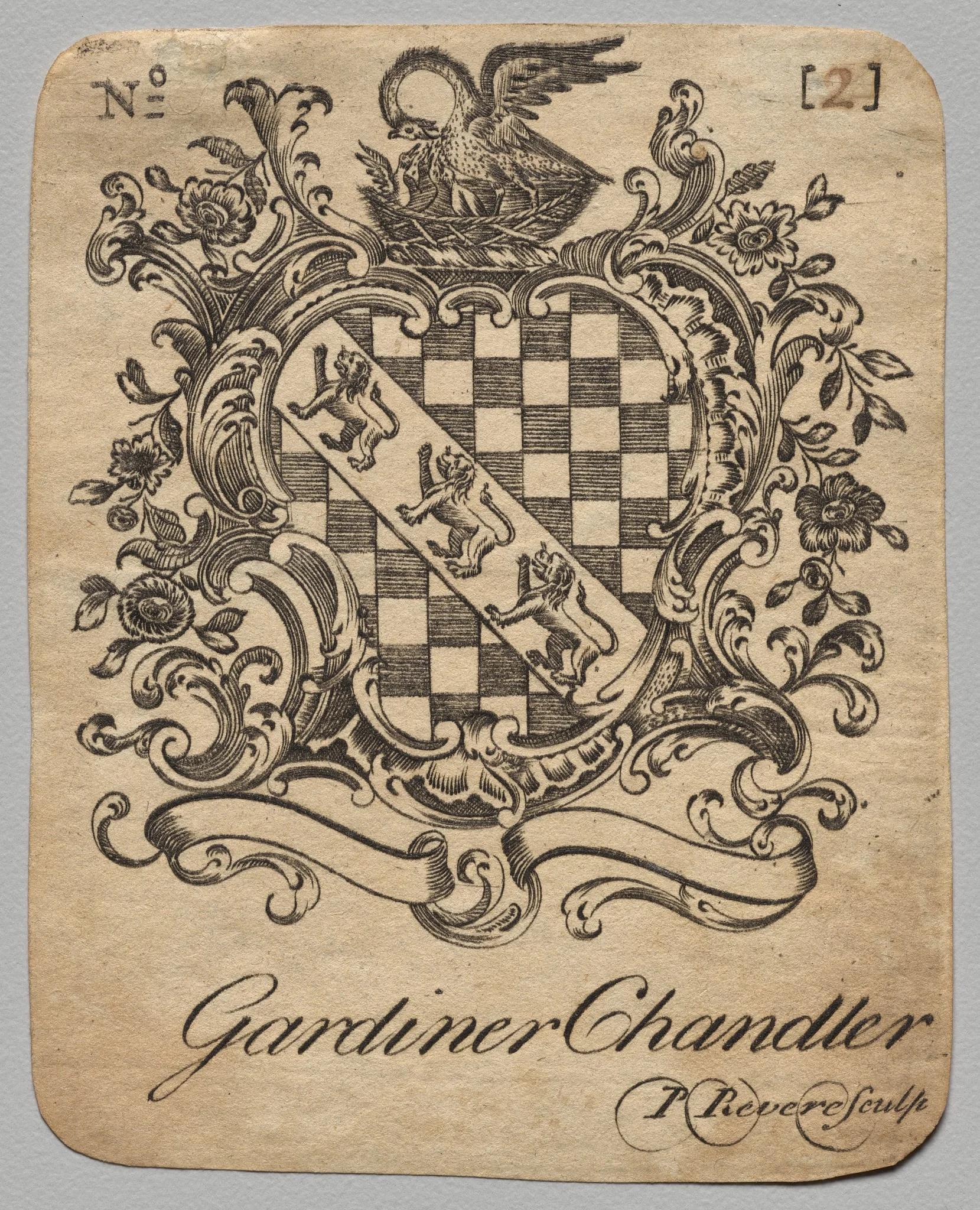 Bookplate:  Coat of Arms with Gardiner Chandler inscribed below, by Paul Revere II, 1782