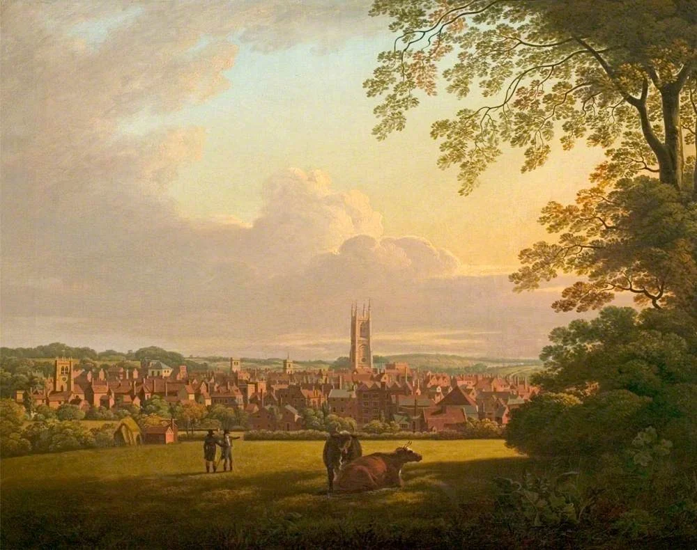 Derby from a Field Adjoining Abbey Barns, by Thomas Christopher Hofland, oil, 1806
