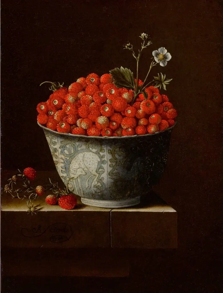 Still life of fraises-de-bois in a Wan-Li bowl upon a stone ledge