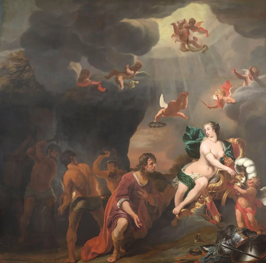 Achilles ontvangt van Thetis een nieuwe wapenrusting uit de smidse van Vulcanus