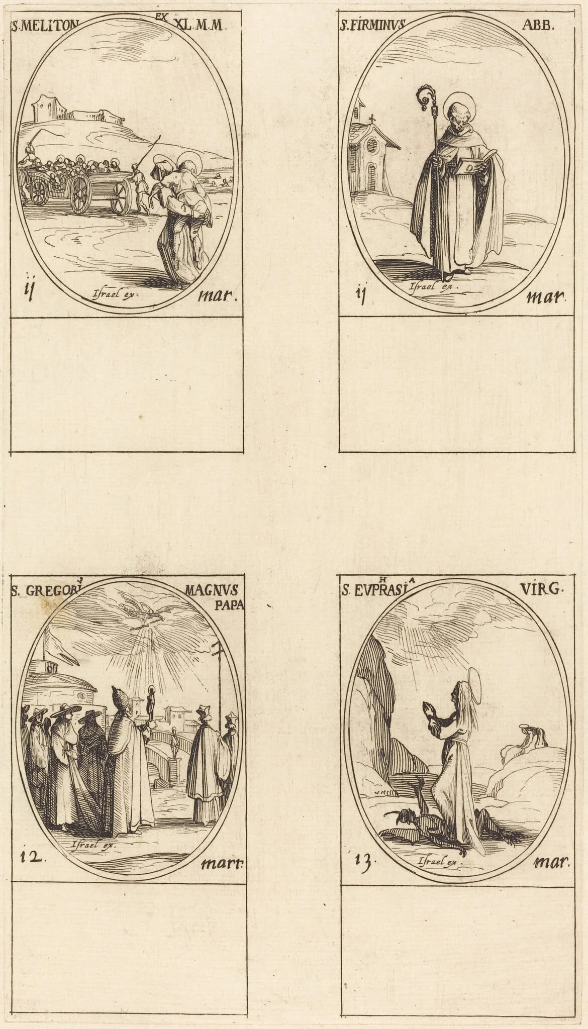 St. Meliton; St. Firminus; St. Gregory the Great; St. Euphrasia, by Jacques Callot, ink, 1634