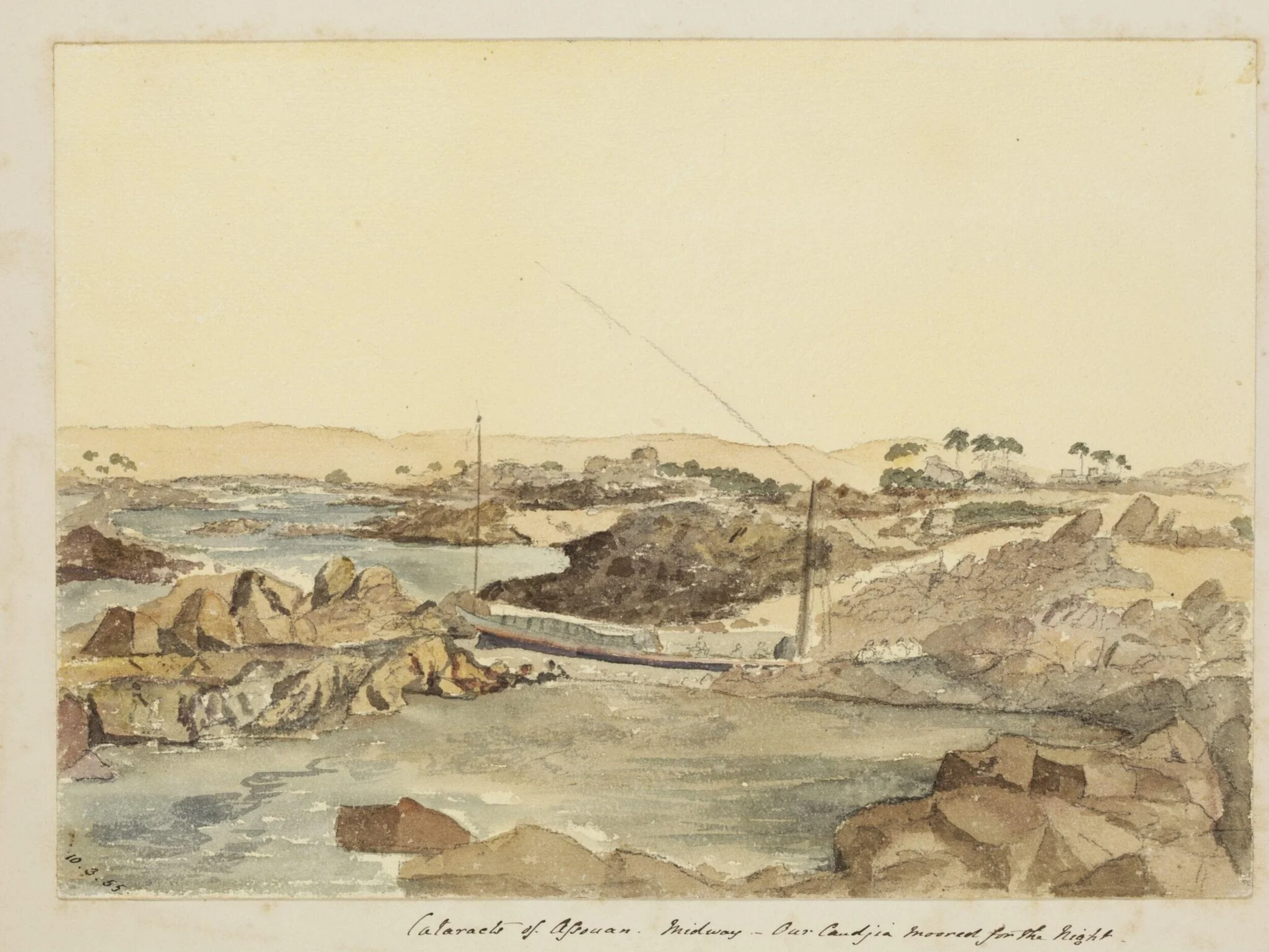`Cataracts of Assouan.  Midway. -  Our Candjia Moored for the Night - On the Nile', by George de Sausmarez, watercolor, 1855