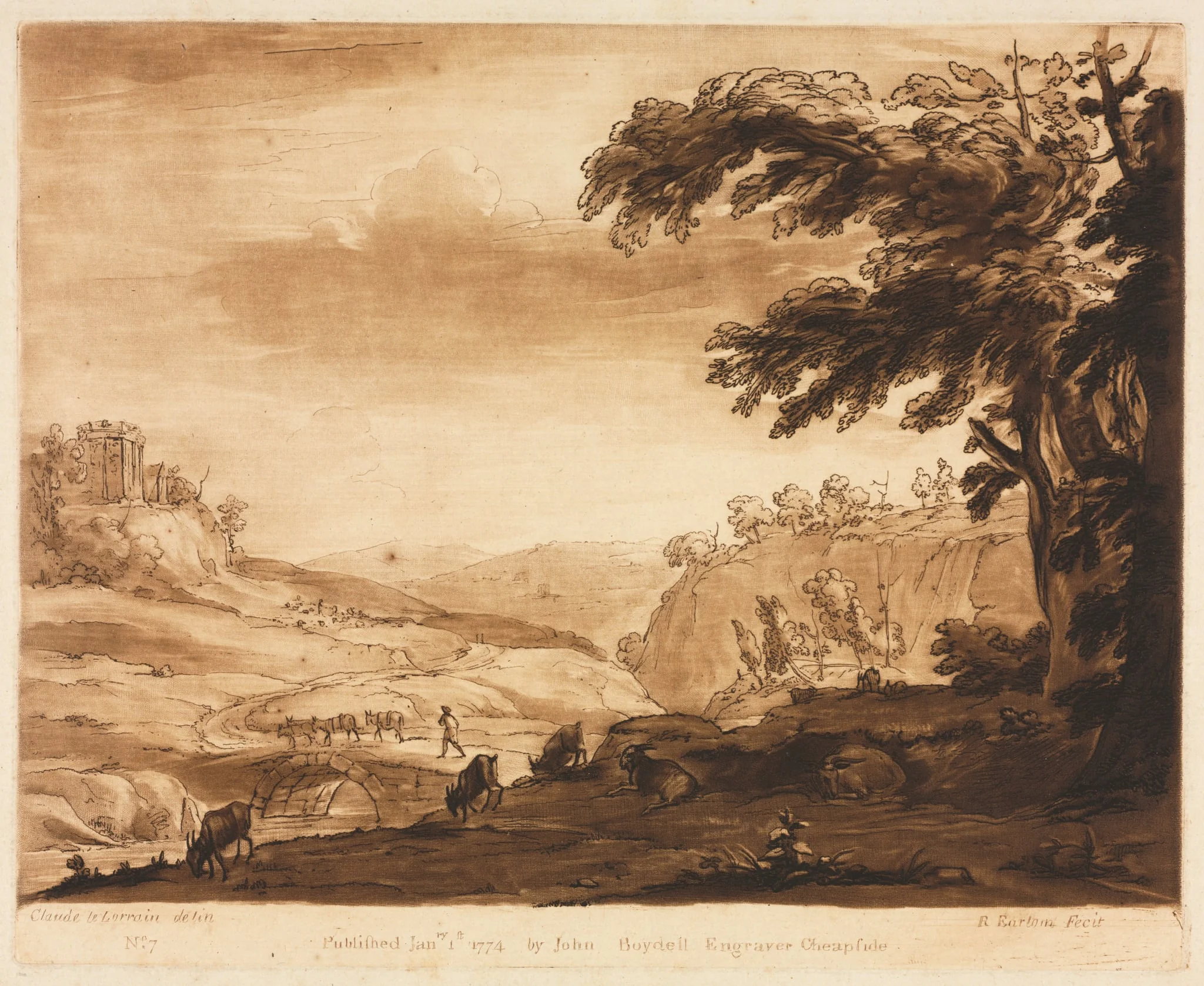 Liber Veritatis:  No. 7, An Island Scene of a Mountainous Country with Cattle, by Richard Earlom, 1774