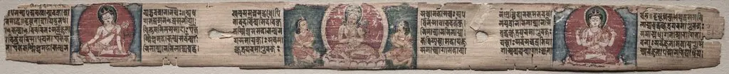 Folio 348 from a Gandavyuha-sutra (Scripture of the Supreme Array): Bodhisattva Manjushri with two forms of Avalokiteshvara (recto); Bodhisattva Samantabhadra purifies the path to enlightenment, with Manjushri (verso)