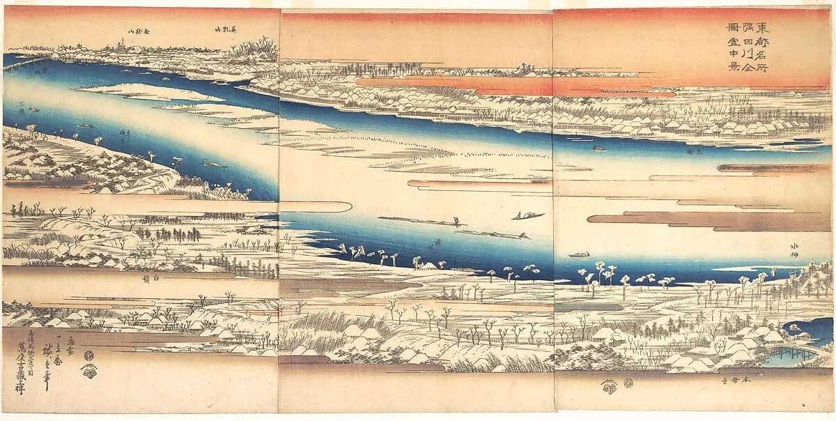 Toto meisho Sumidagawa zenzu settchukei|東都名所　隅田川全図雪中景|Celebrated Places in the Eastern Capital: Panoramic View of the Sumida River in Snow, by Utagawa Hiroshige, ink, 1840