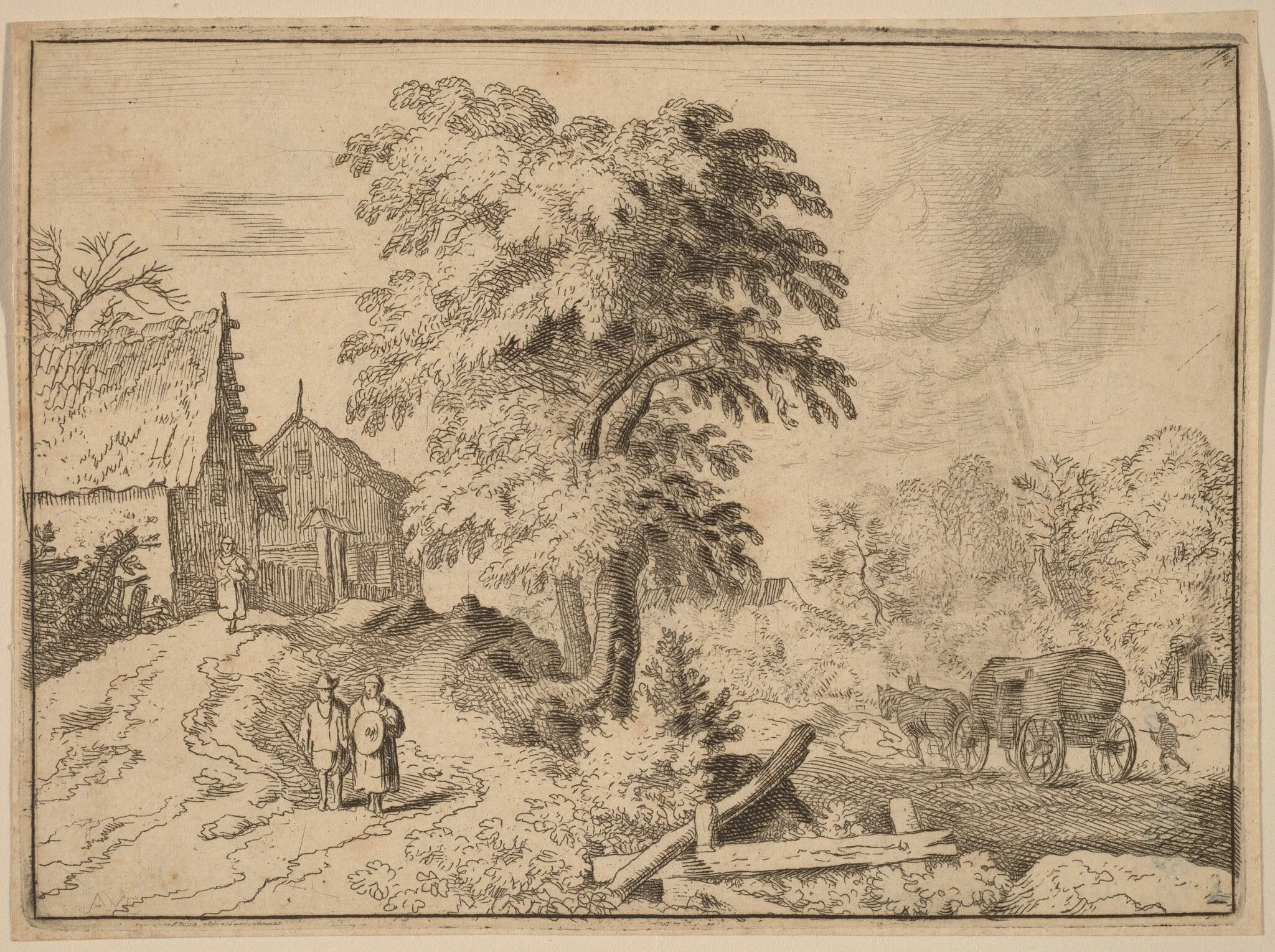 Cart with Two Draft Horses, by Allart van Everdingen, ink, 1650