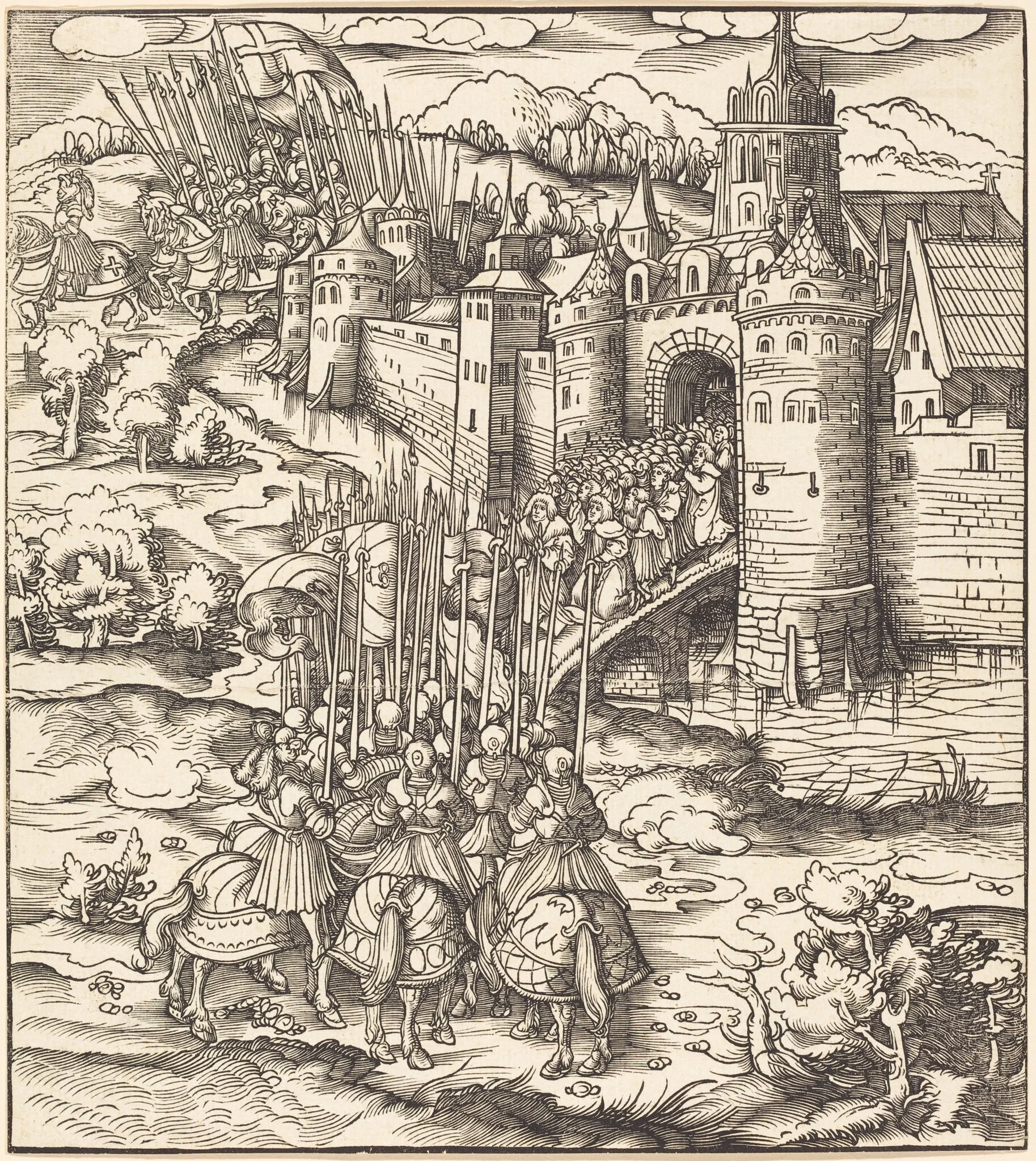 Various Men Kneeling on a Bridge in front of a Town