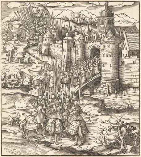 Various Men Kneeling on a Bridge in front of a Town