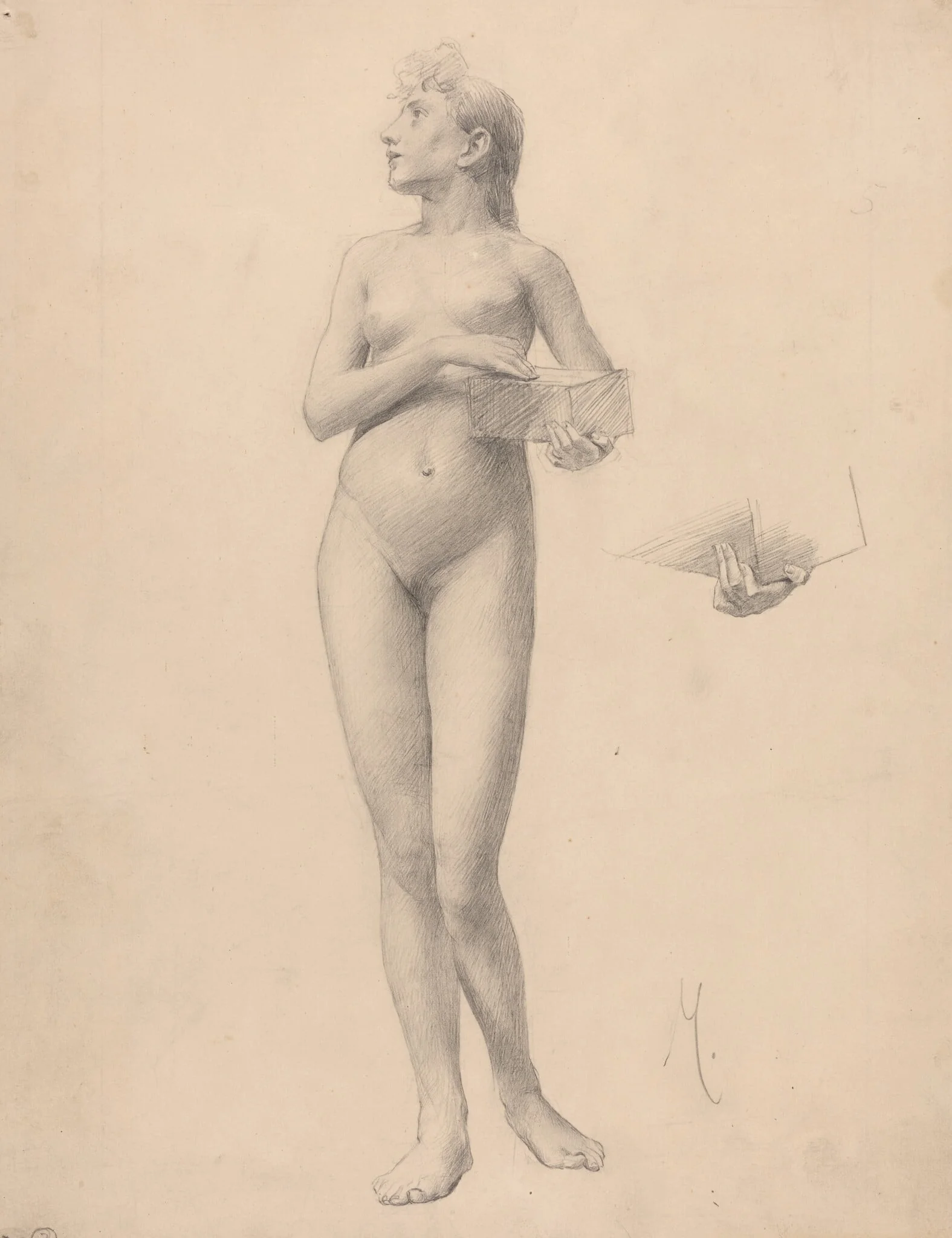 Standing Nude Woman Holding a Box, by Karel Vitezslav Masek, graphite, 1896