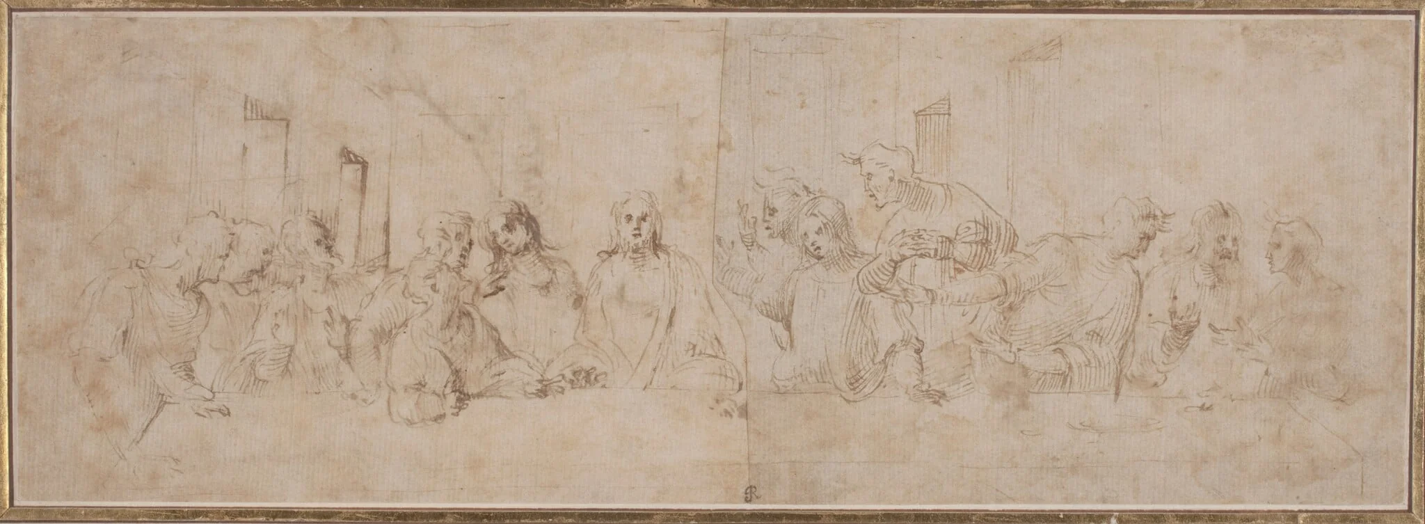 a) The Last Supper; b) Putti, by Vincenzo Tamagni, ink, 1515