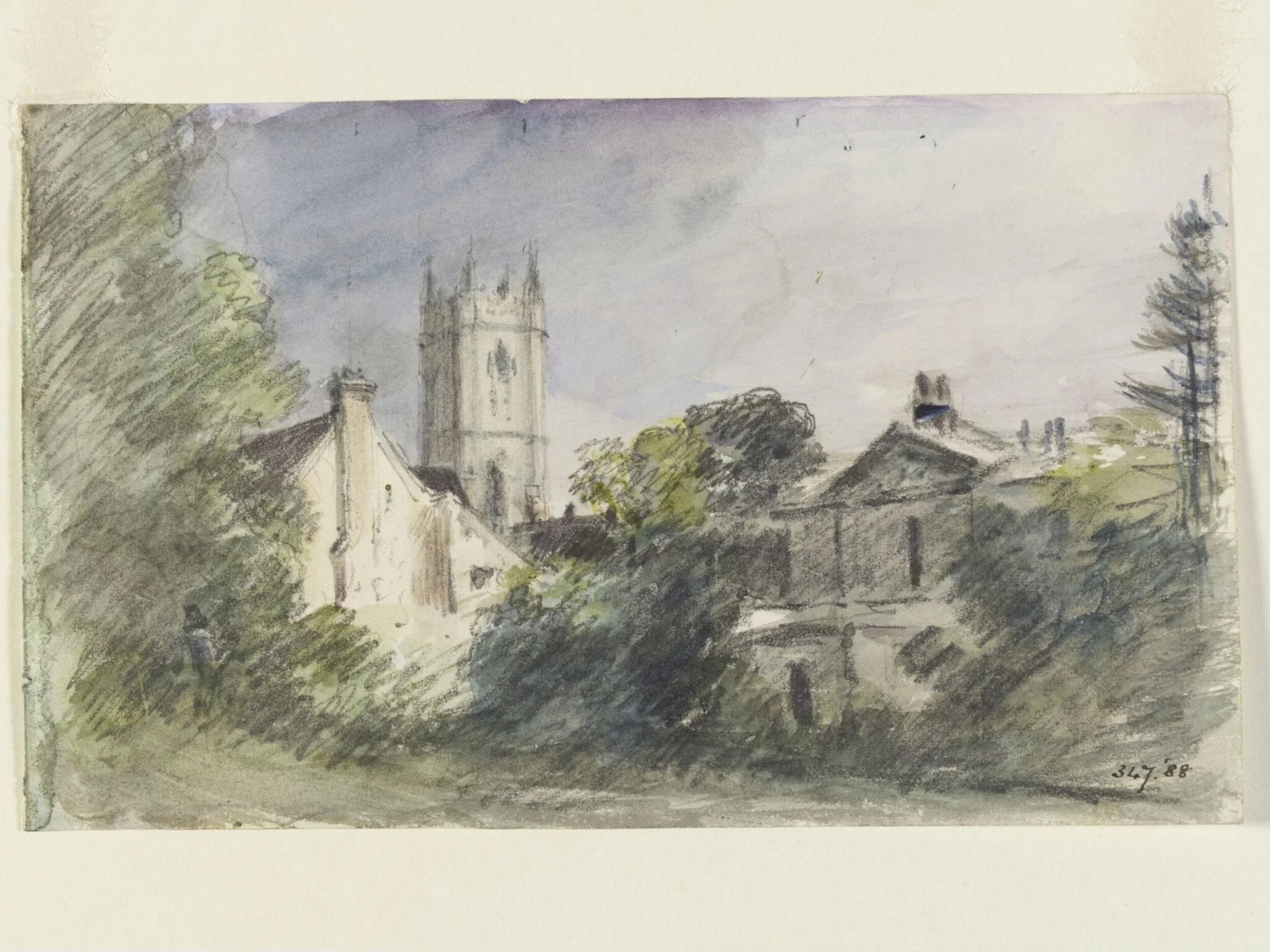 Houses in Dedham, with the church tower, by John Constable, watercolor, 1832