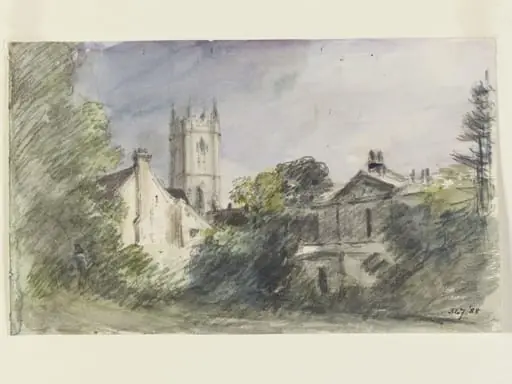 Houses in Dedham, with the church tower