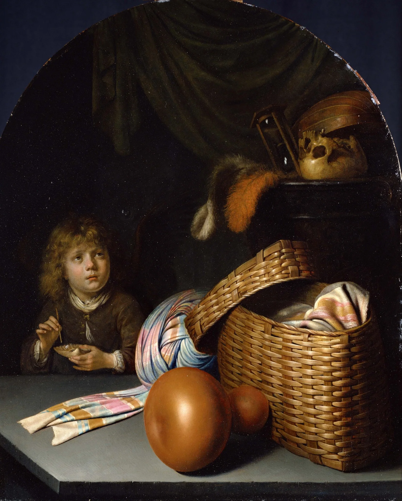 Still Life with a Boy Blowing Soap-bubbles, by Gerrit Dou, oil, 1635