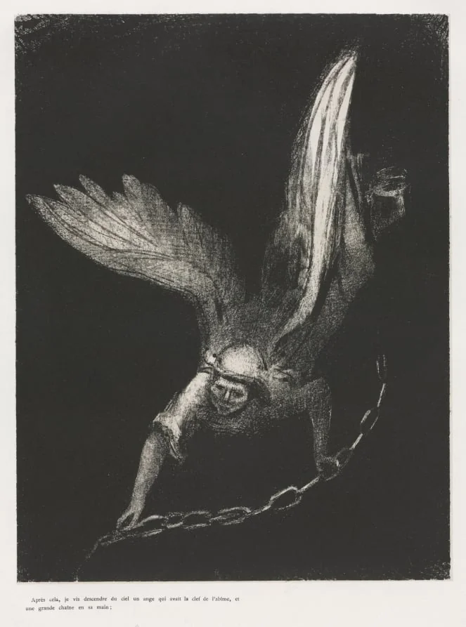 And I Saw an Angel Coming Down from Heaven, Having the Key of the Bottomless Pit and a Great Chain in His Hand, by Odilon Redon, 1899