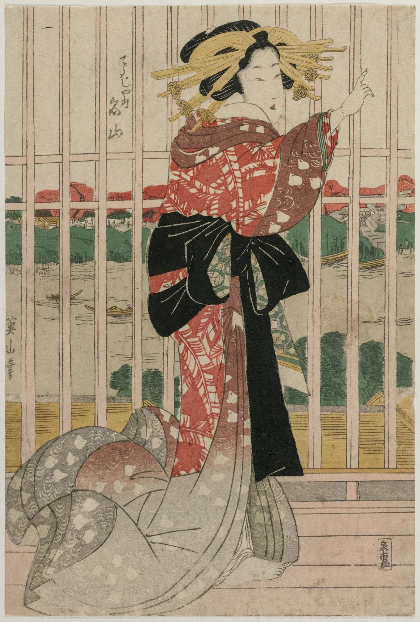 The Courtesan Meizan of the Chojiya on a Balcony Overlooking the Sumida River, by Kikukawa Eizan, 1824