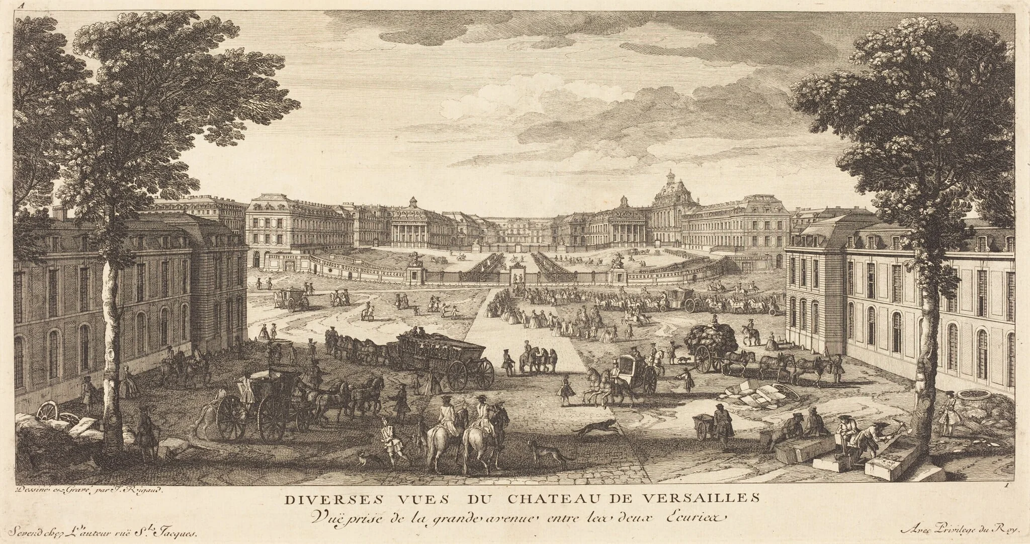 Vue Prise de la grande avenue entre les deux Ecuries, by Jean-Baptiste Rigaud, ink, 1746