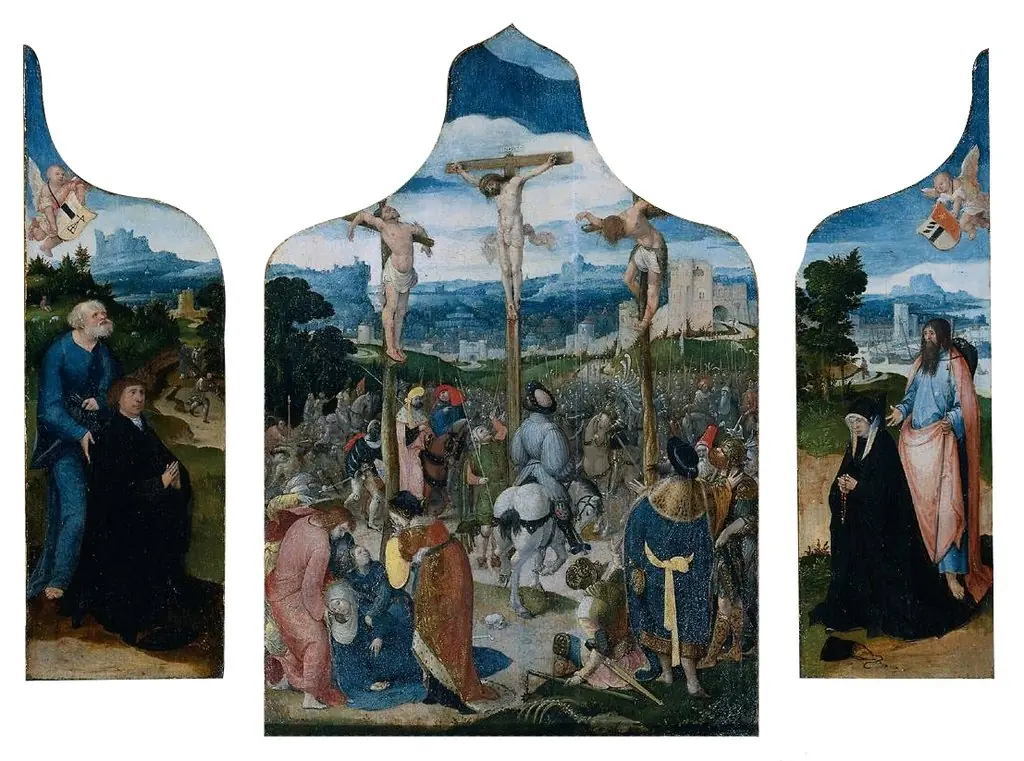 Triptych with the Crucifixion (centre panel), St Peter and a Male Donor (inner left wing), St James and a Female Donor (inner right wing), St Christopher and the Christ Child on the Road of Life (outer wings)