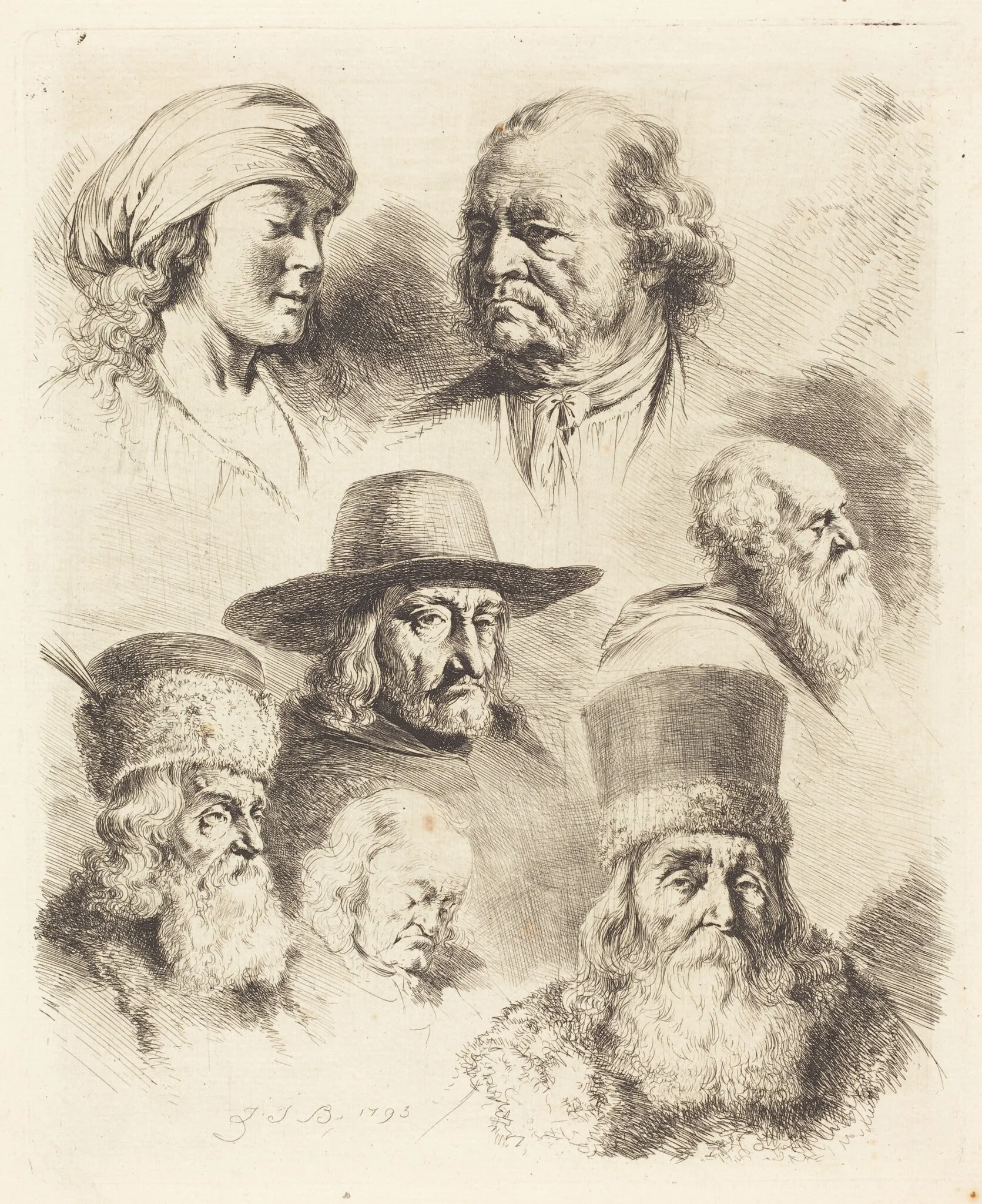 Seven Studies of Heads, by Jean-Jacques de Boissieu, ink, 1793