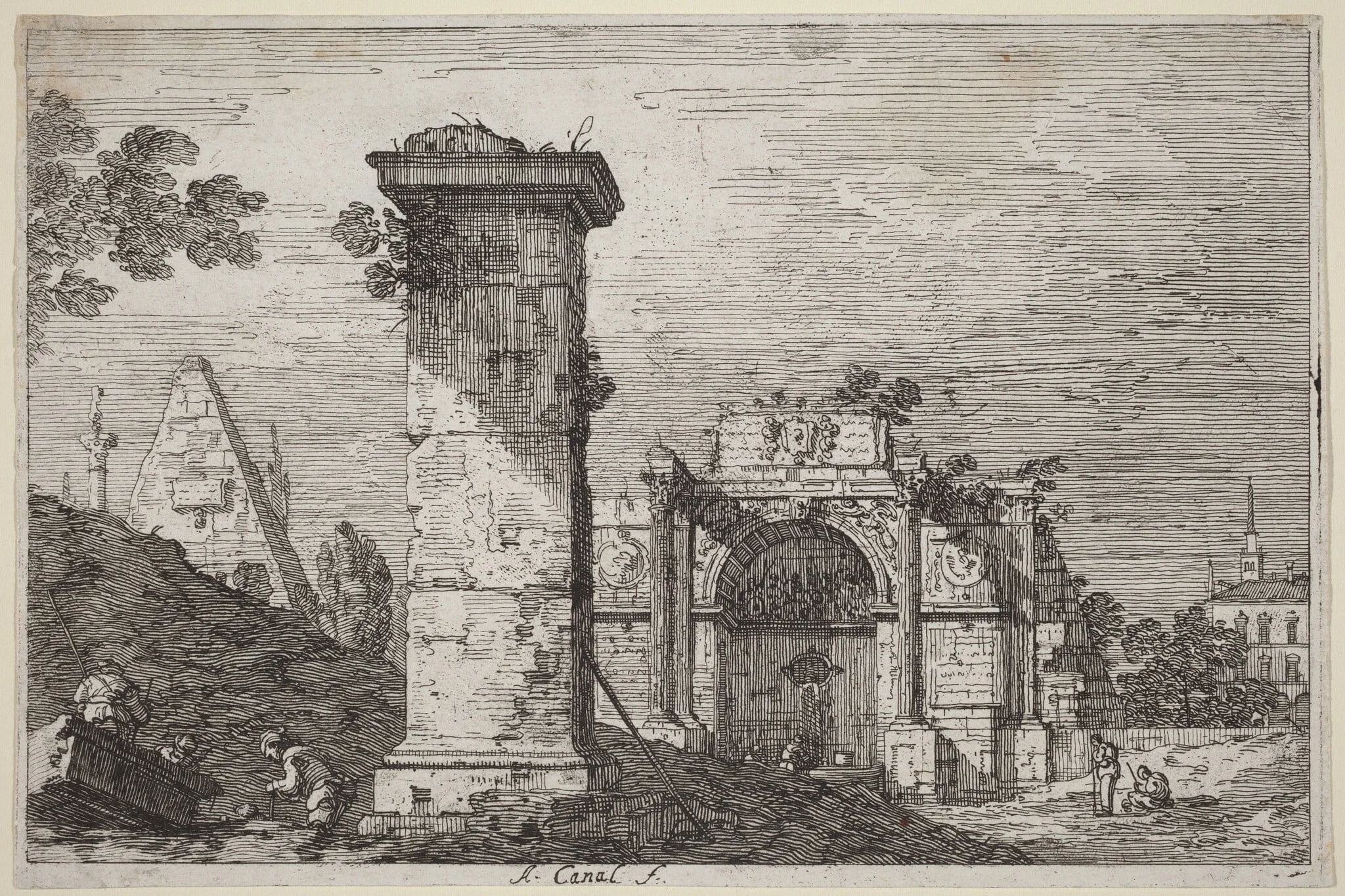 Landscape with Ruined Monuments, by Canaletto, ink, 1740
