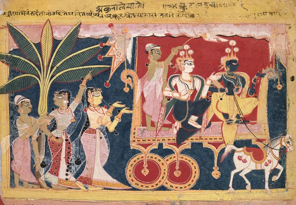 Akrura Drives Krishna and Balarama to Mathura, from the “Isarda Bhagavata Purana,”