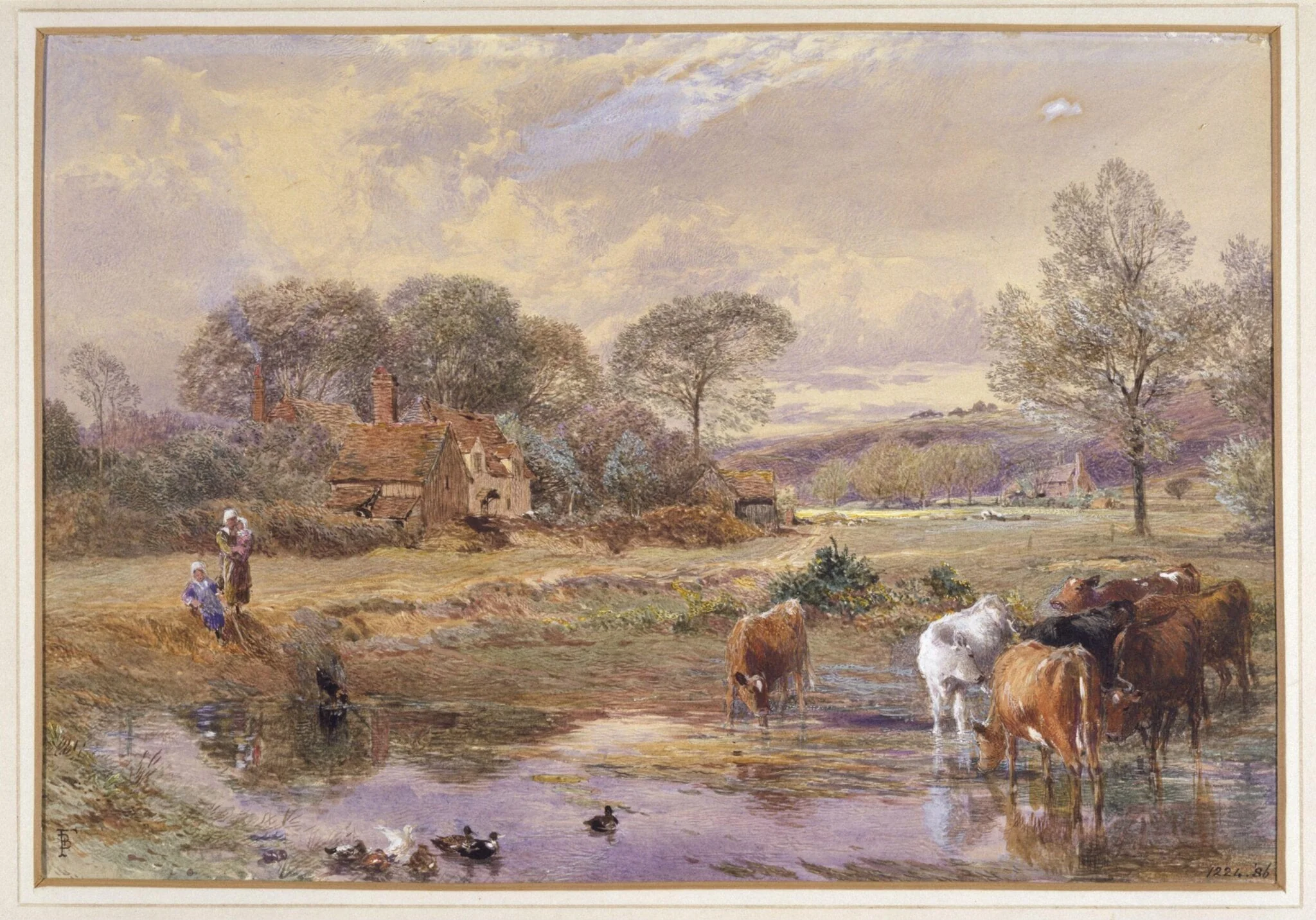 Landscape with Cattle, by Birket, watercolor, 1845