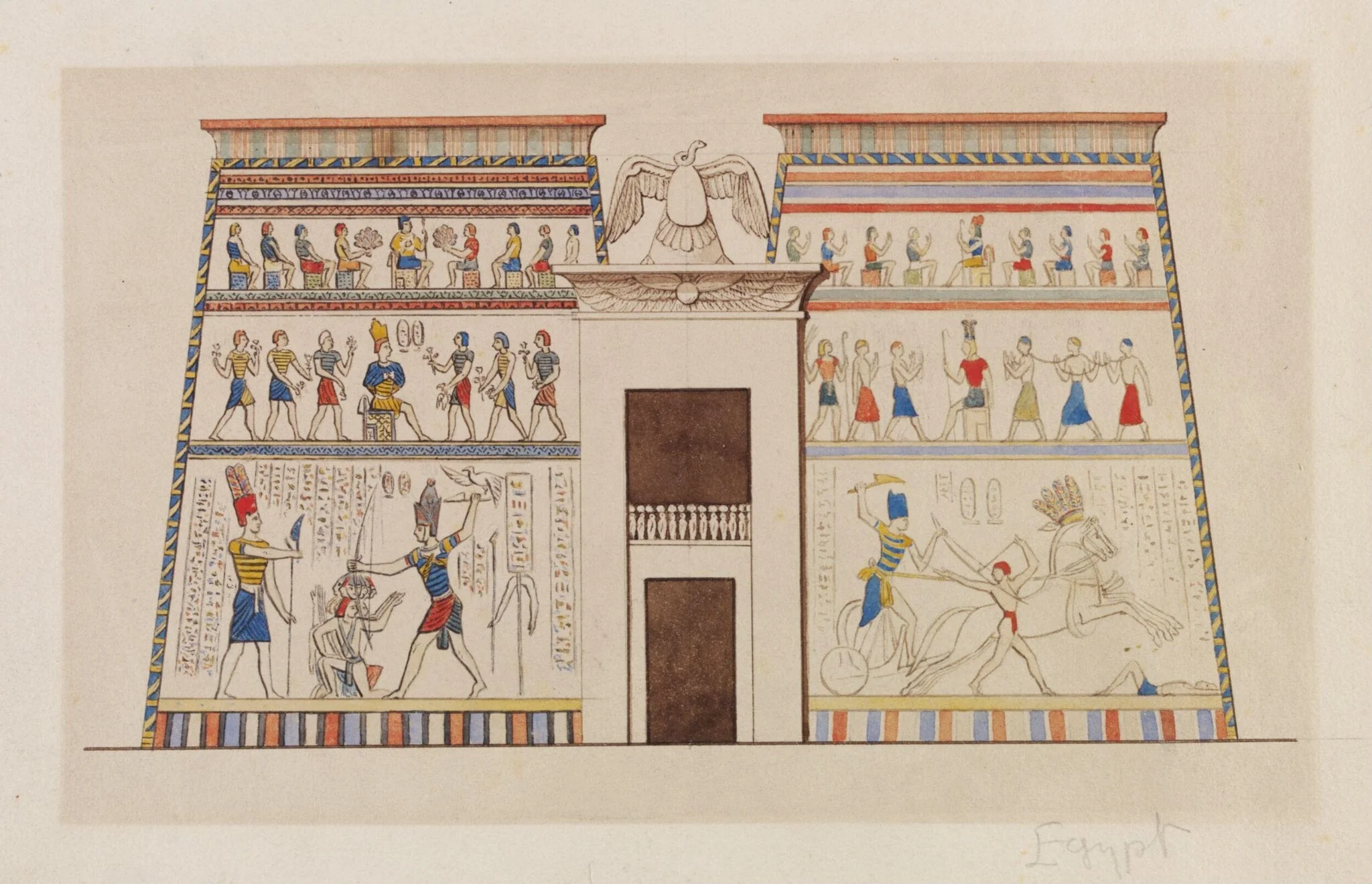 Architectural drawing of an entrance pylon to an Egyptian temple