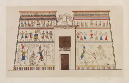 Architectural drawing of an entrance pylon to an Egyptian temple