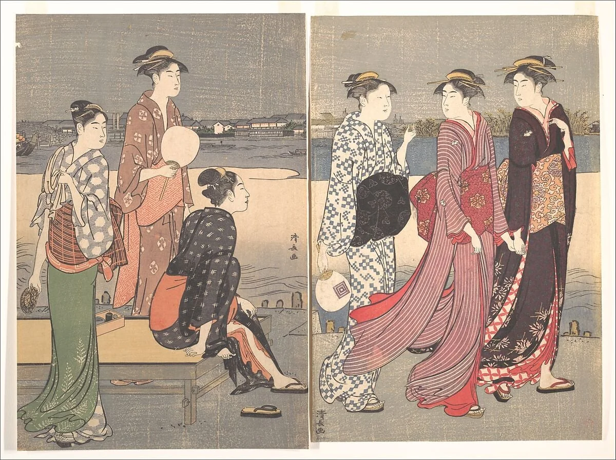 鳥居清長画　大川端の夕涼み|Enjoying the Evening Cool on the Banks of the Sumida River, by Torii Kiyonaga, ink, 1784