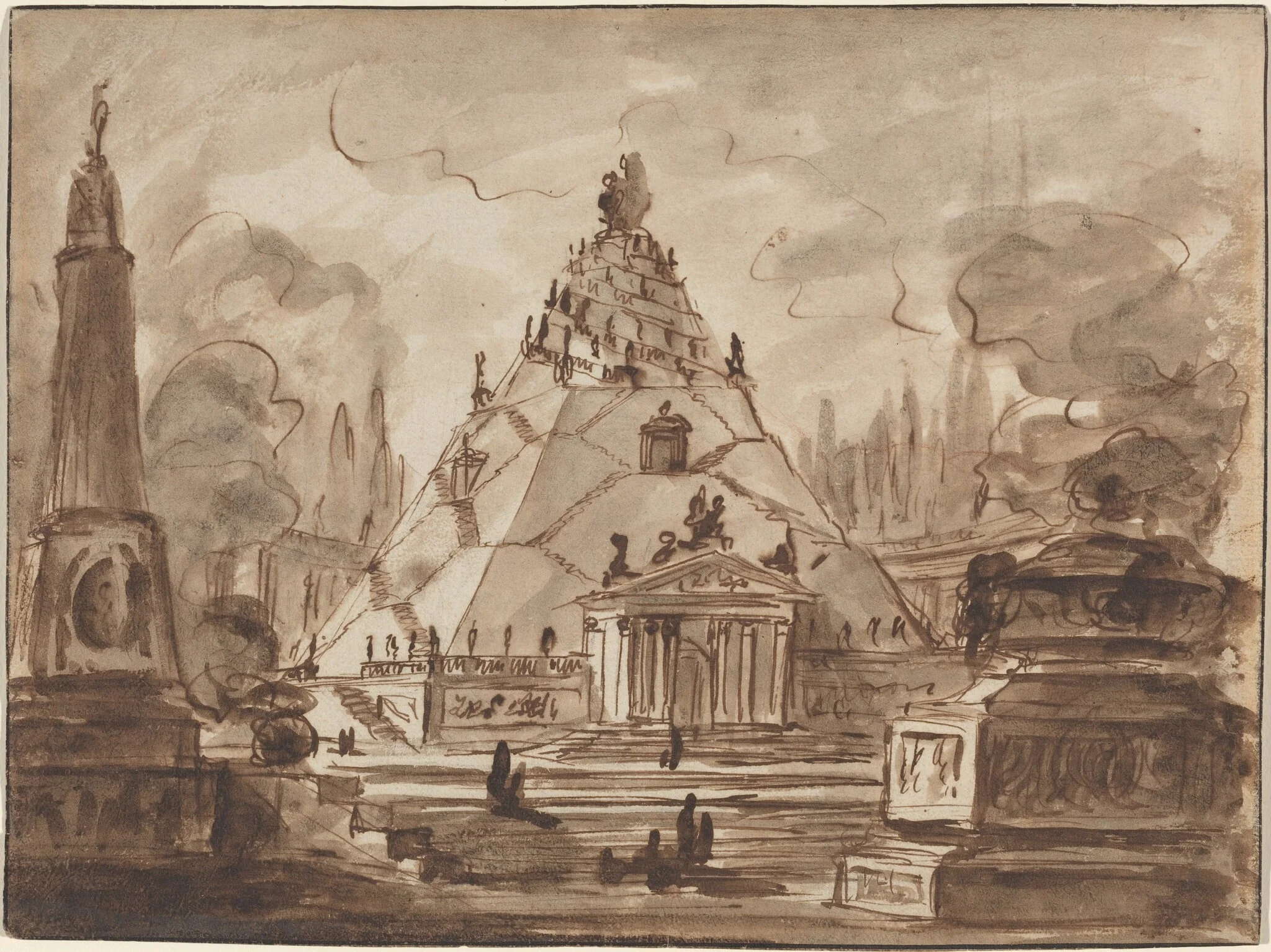 Architectural Fantasy with a Pyramidal Mausoleum, by Charles Michel-Ange Challe, ink, 1747