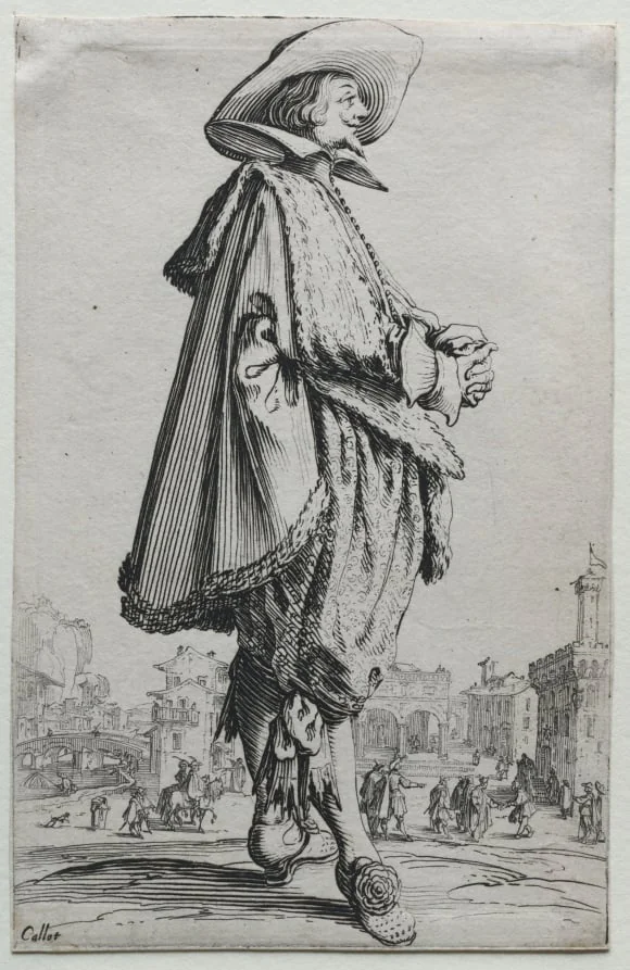 La Noblesse: Gentleman Standing in Profile with Clasped Hands, by Jacques Callot, 1622