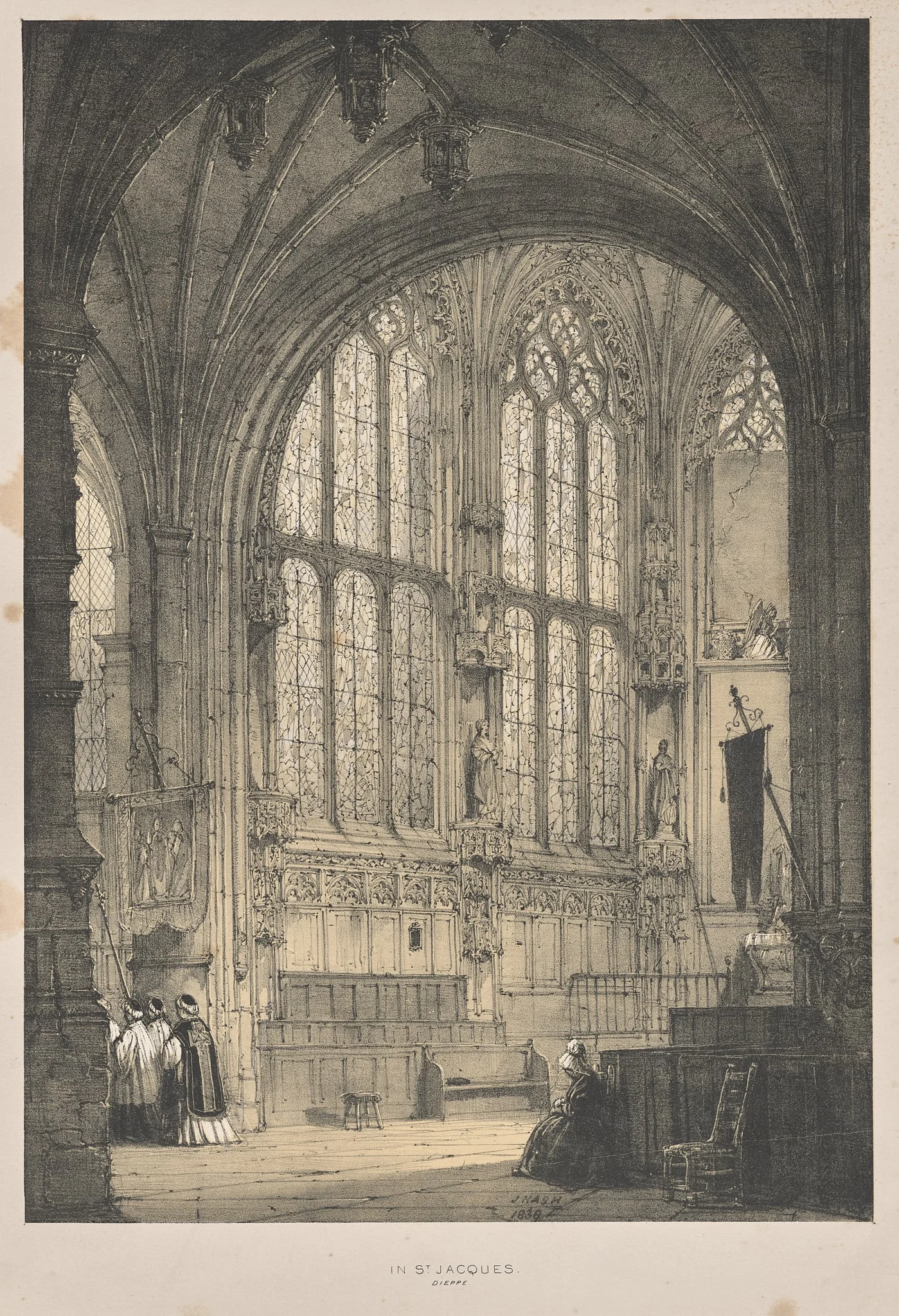 Architecture of the Middle Ages:  In St. Jacques, Dieppe, East End, Interior, by Joseph Nash, 1838