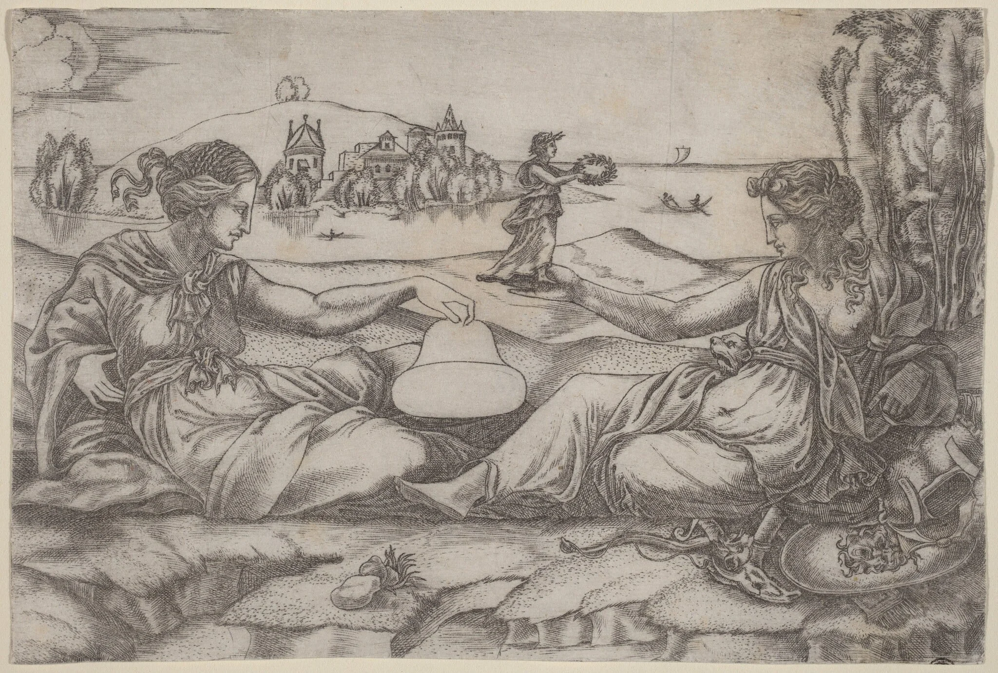 Two Allegorical Figures (Roma and Liberty?), by Master IRs, ink, 1515