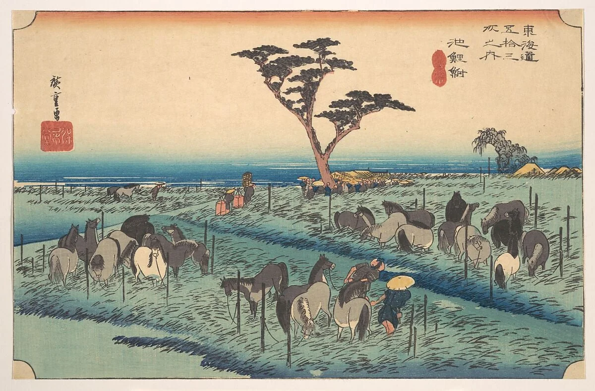 東海道五十三次　池鯉鮒　首夏馬市|Chiriu, Station No. 40, by Utagawa Hiroshige, ink, 1834