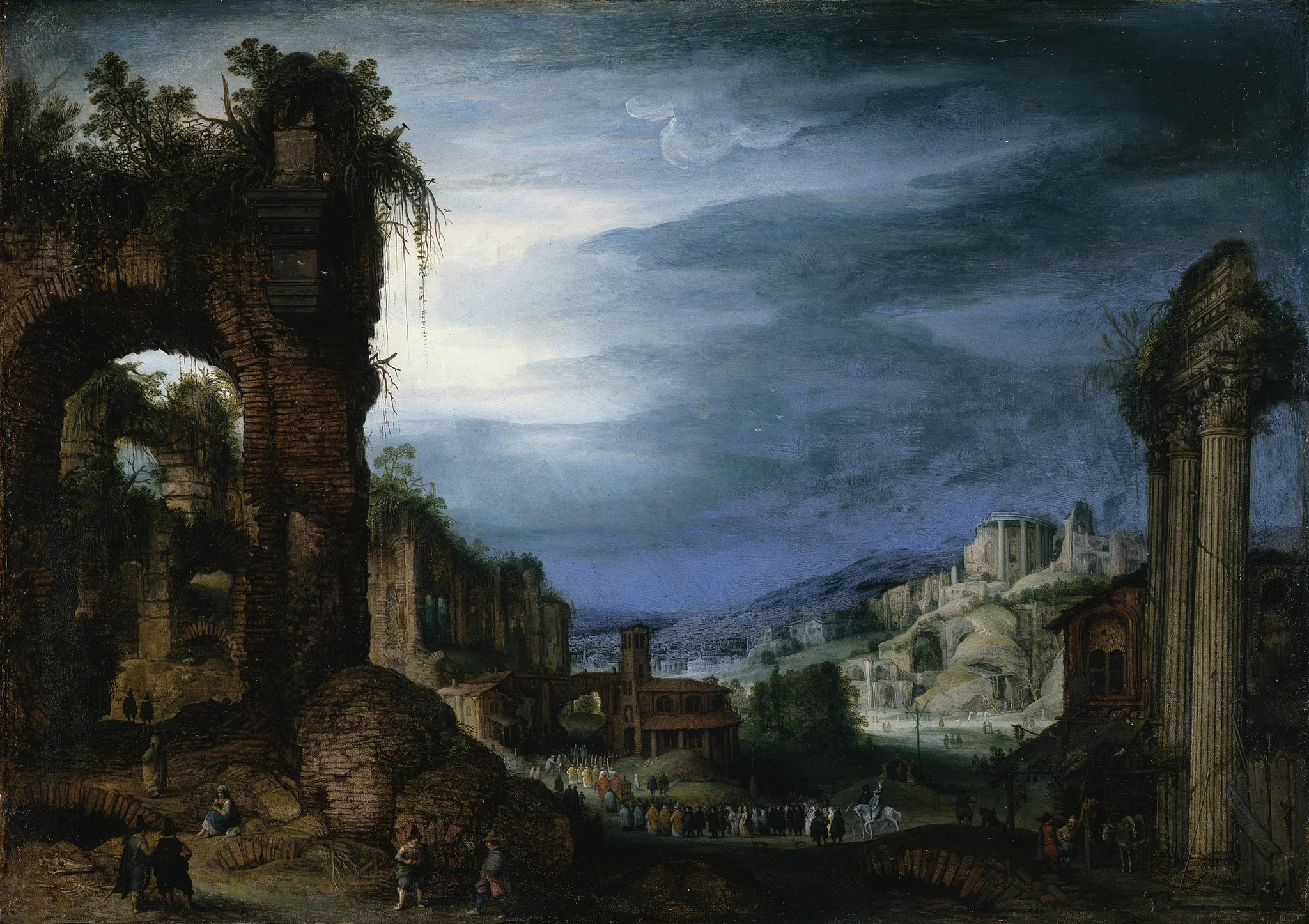 Landscape with Roman Ruins and a Procession, by Paul Bril, paint, 1605