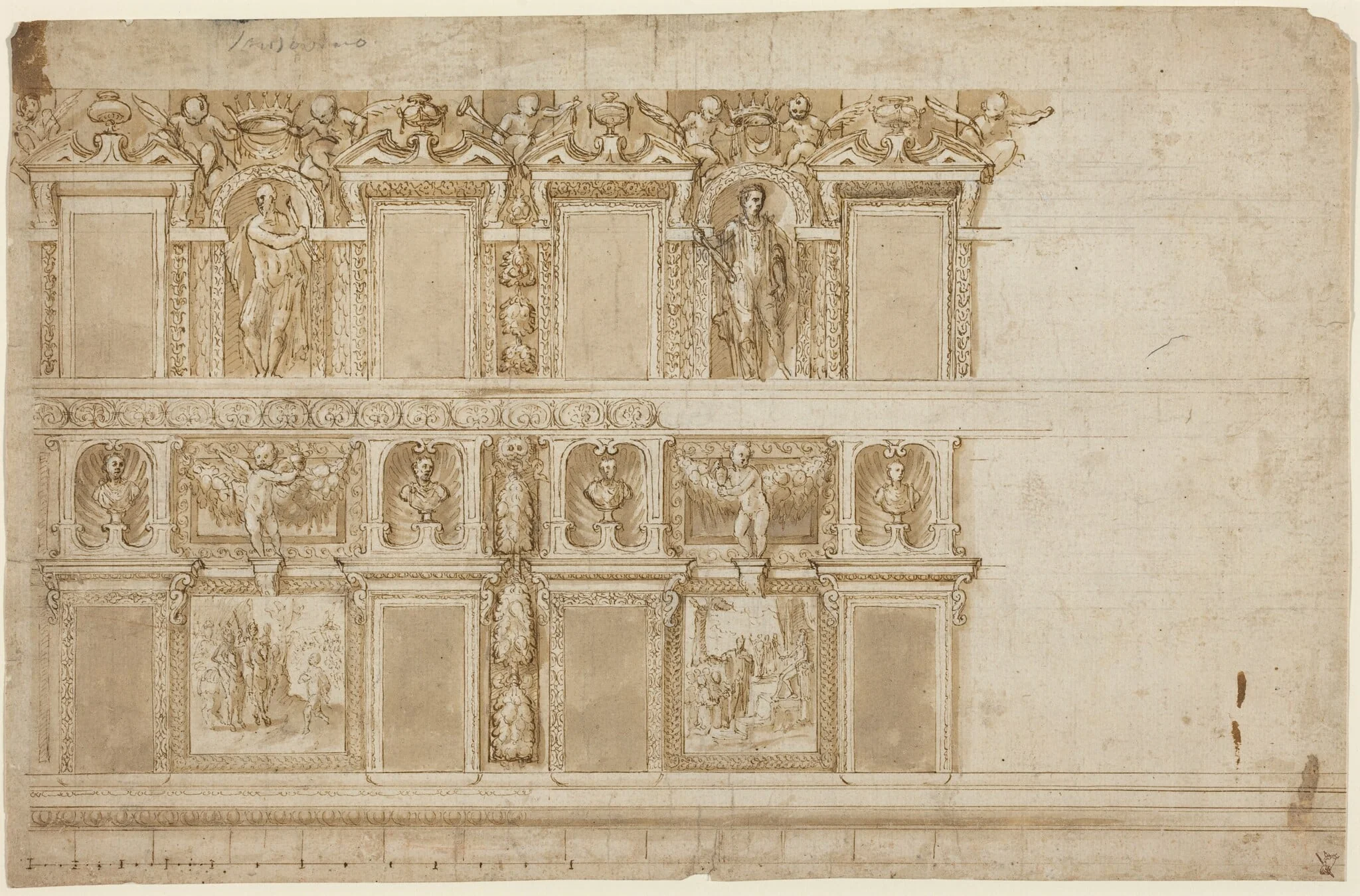 A Palatial Wall Ornamented with Sculptures and Paintings, by Andrea Semino, ink, 1570