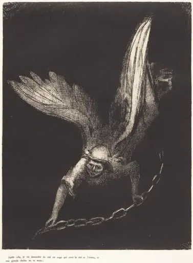 Apres cela je vis descendre du ciel un ange qui avait la clef de l'abime, et une grande chaine en sa main (And I saw an angel come down from heaven, having the key of the bottomless pit and a great chain in his hand)