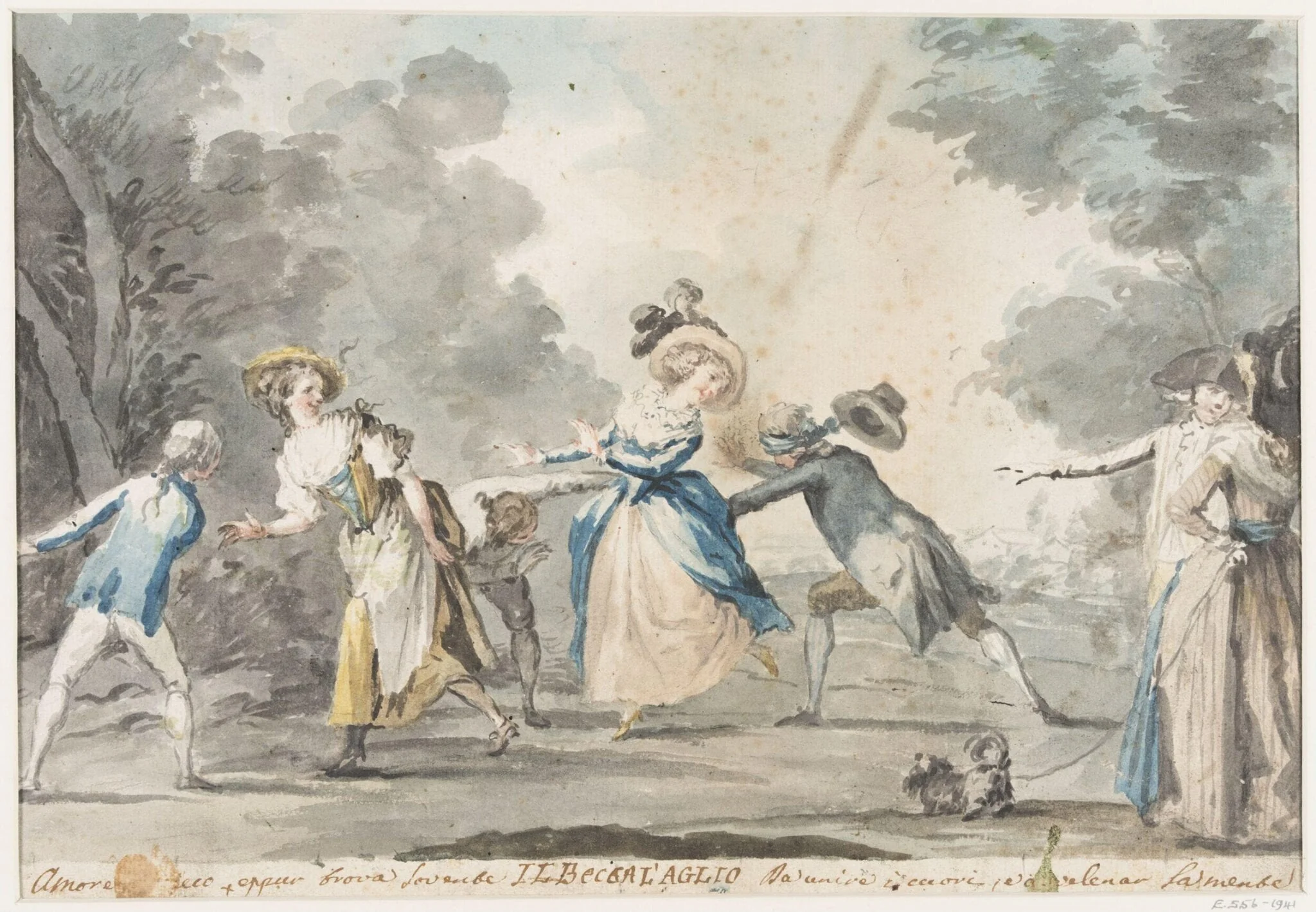 Group of youths and girls playing Blind Man's Buff, by Giuseppe Piattoli, watercolor, 1784