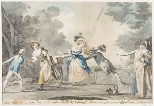 Group of youths and girls playing Blind Man's Buff