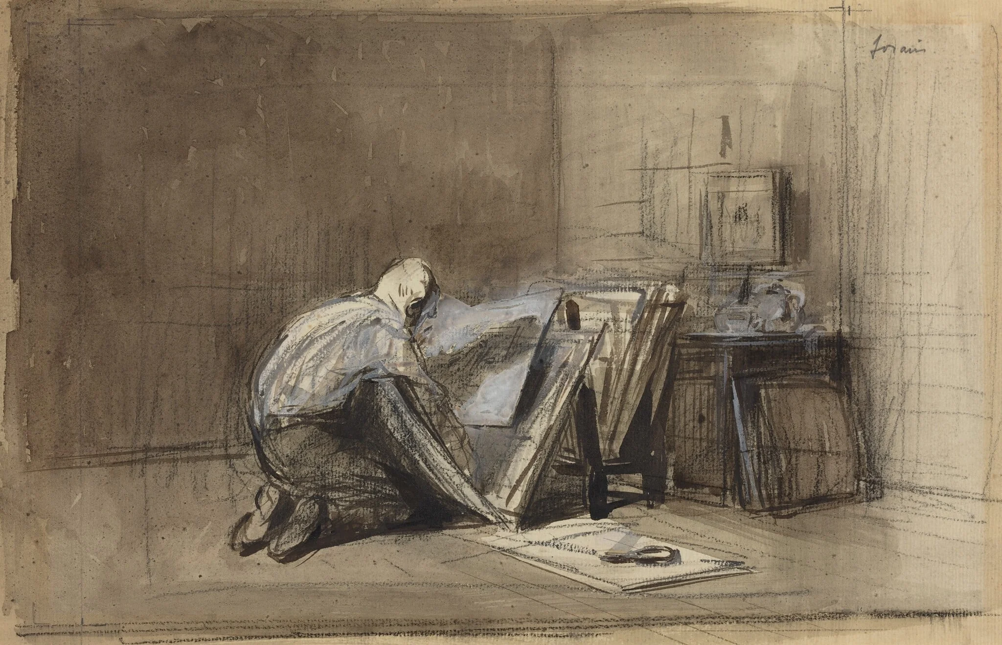 a) Print Connoisseur (recto); b) Sketch of Print Connoisseur (verso), by Jean-Louis Forain, chalk, 1892