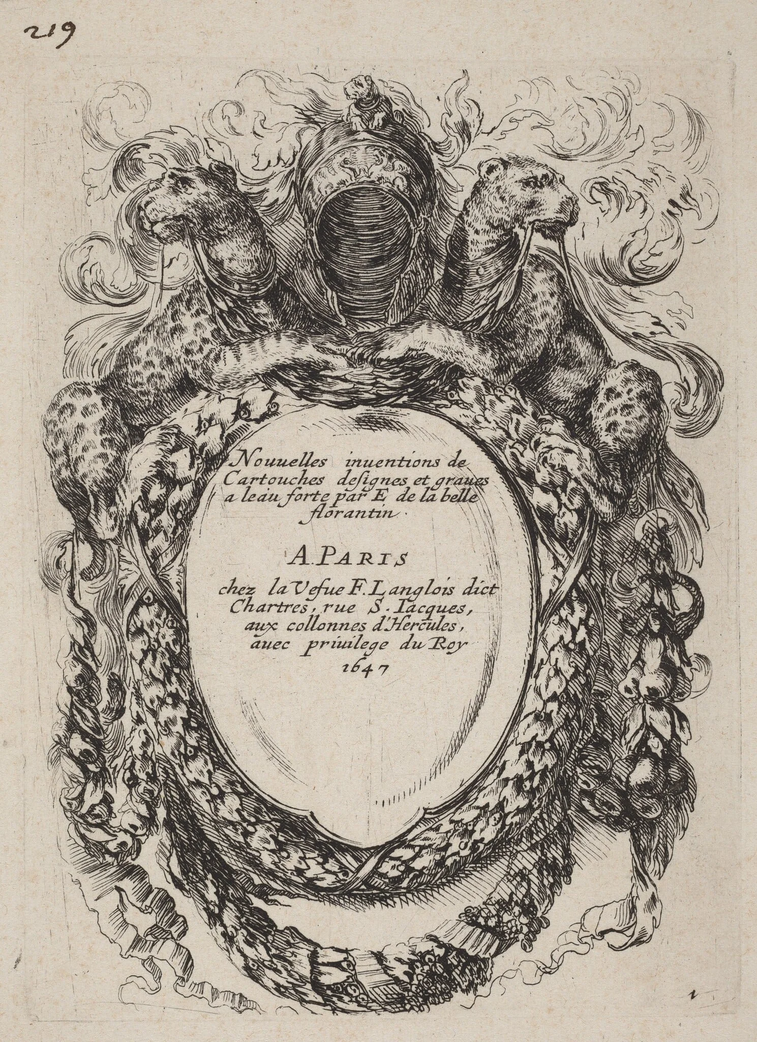 Title Page for "Nouvelles inventions de Cartouches", by Stefano Della Bella, ink, 1647