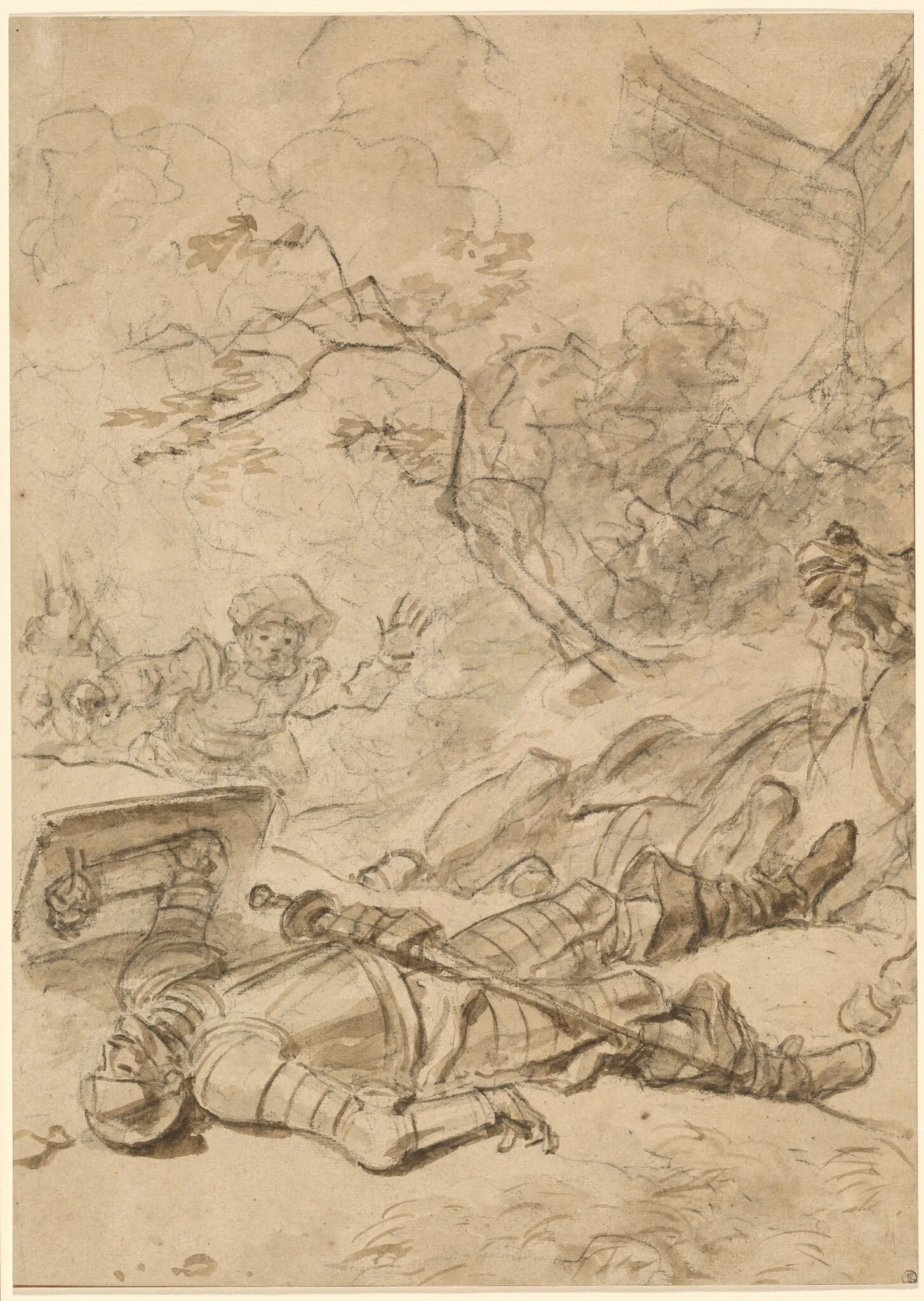 Don Quixote Defeated by the Windmill, by Jean Honoré Fragonard, charcoal, 1784